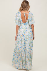 Blue Floral V-Neck Flowy Tiered Maternity Maxi Dress