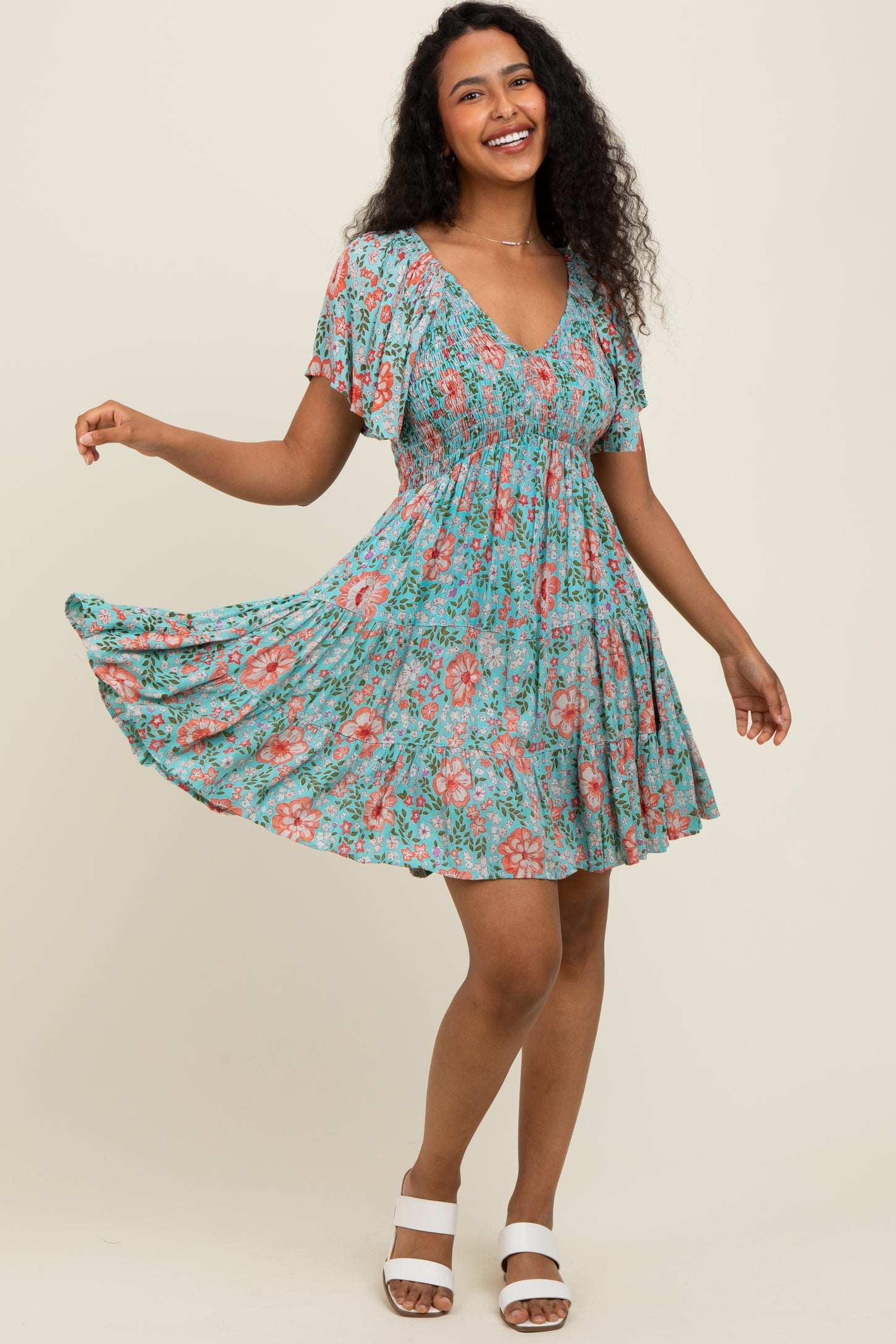 Mint Smocked Bodice V Neck Flutter Sleeve Dress