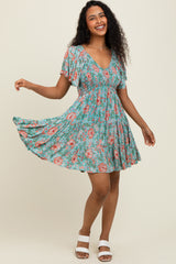 Mint Smocked Bodice V Neck Flutter Sleeve Dress