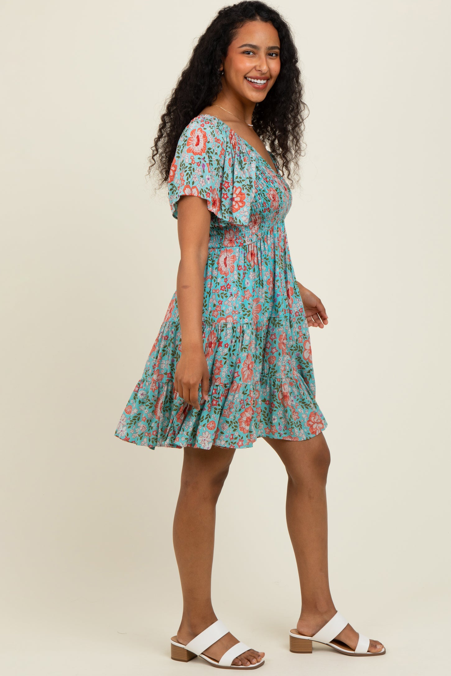 Mint Smocked Bodice V Neck Flutter Sleeve Dress