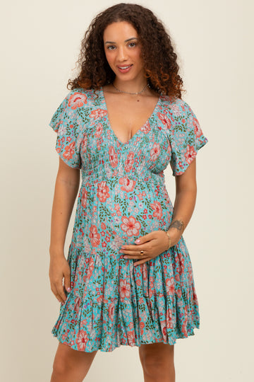 Mint Smocked Bodice V Neck Flutter Sleeve Maternity Dress
