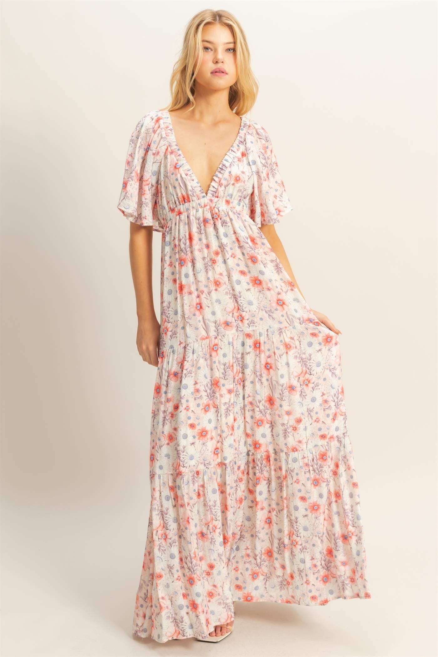 Coral Floral V-Neck Flowy Tiered Maxi Dress