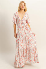 Coral Floral V-Neck Flowy Tiered Maxi Dress
