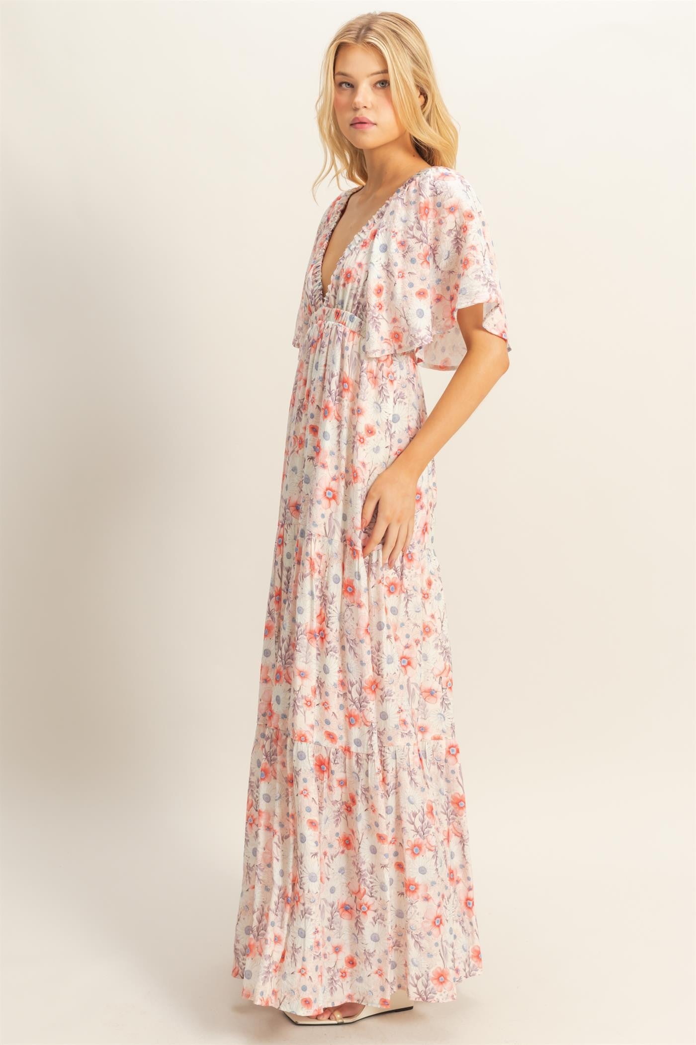 Coral Floral V-Neck Flowy Tiered Maxi Dress