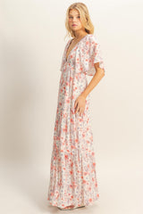 Coral Floral V-Neck Flowy Tiered Maxi Dress