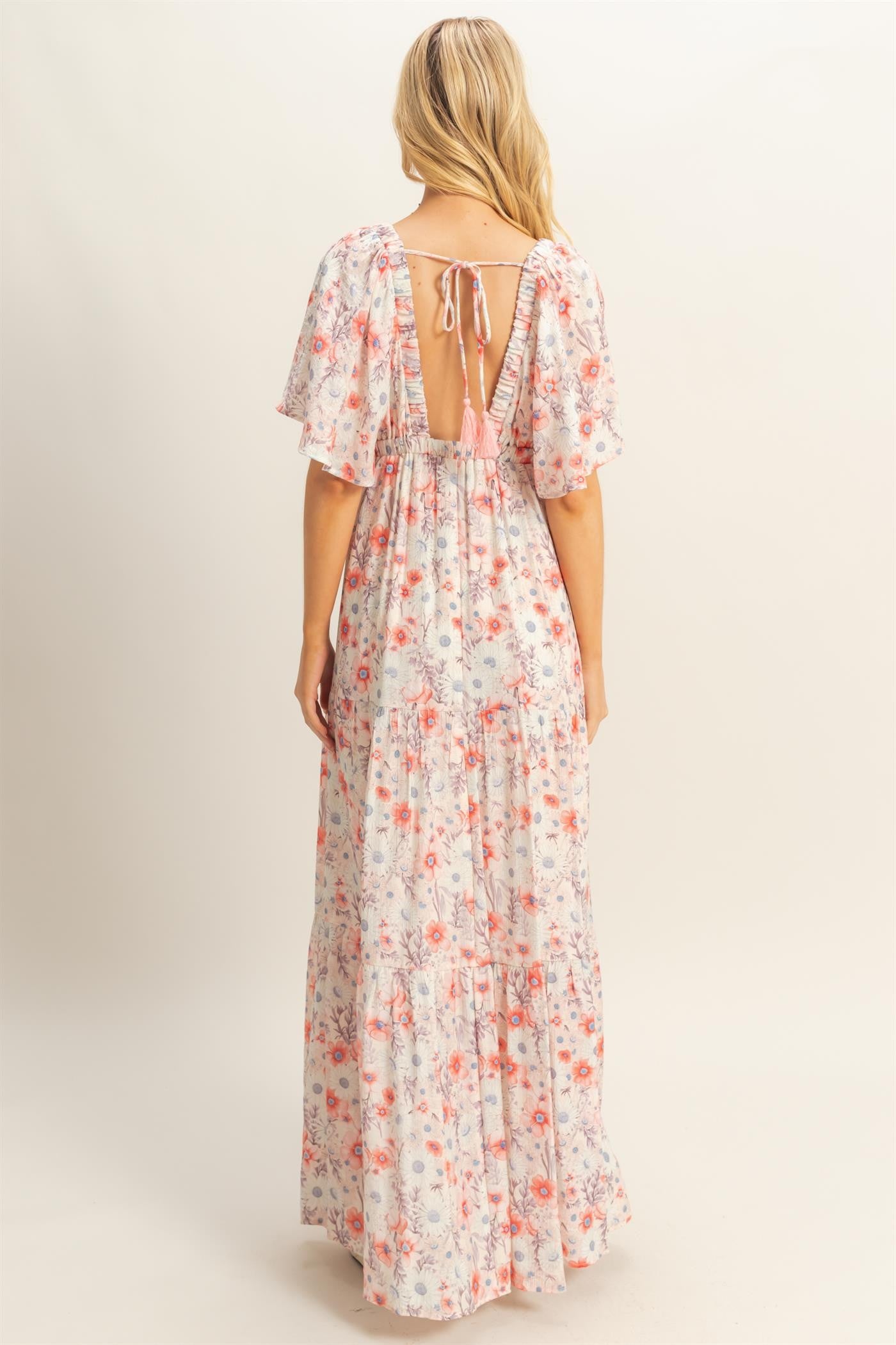 Coral Floral V-Neck Flowy Tiered Maxi Dress PinkBlush Coral Floral V-Neck Flowy Tiered Maxi Dress PinkBlush
