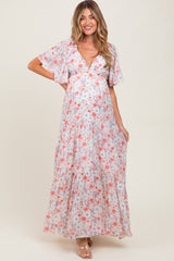 Coral Floral V-Neck Flowy Tiered Maternity Maxi Dress