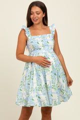 Blue Floral Print Smocked Back Maternity Dress