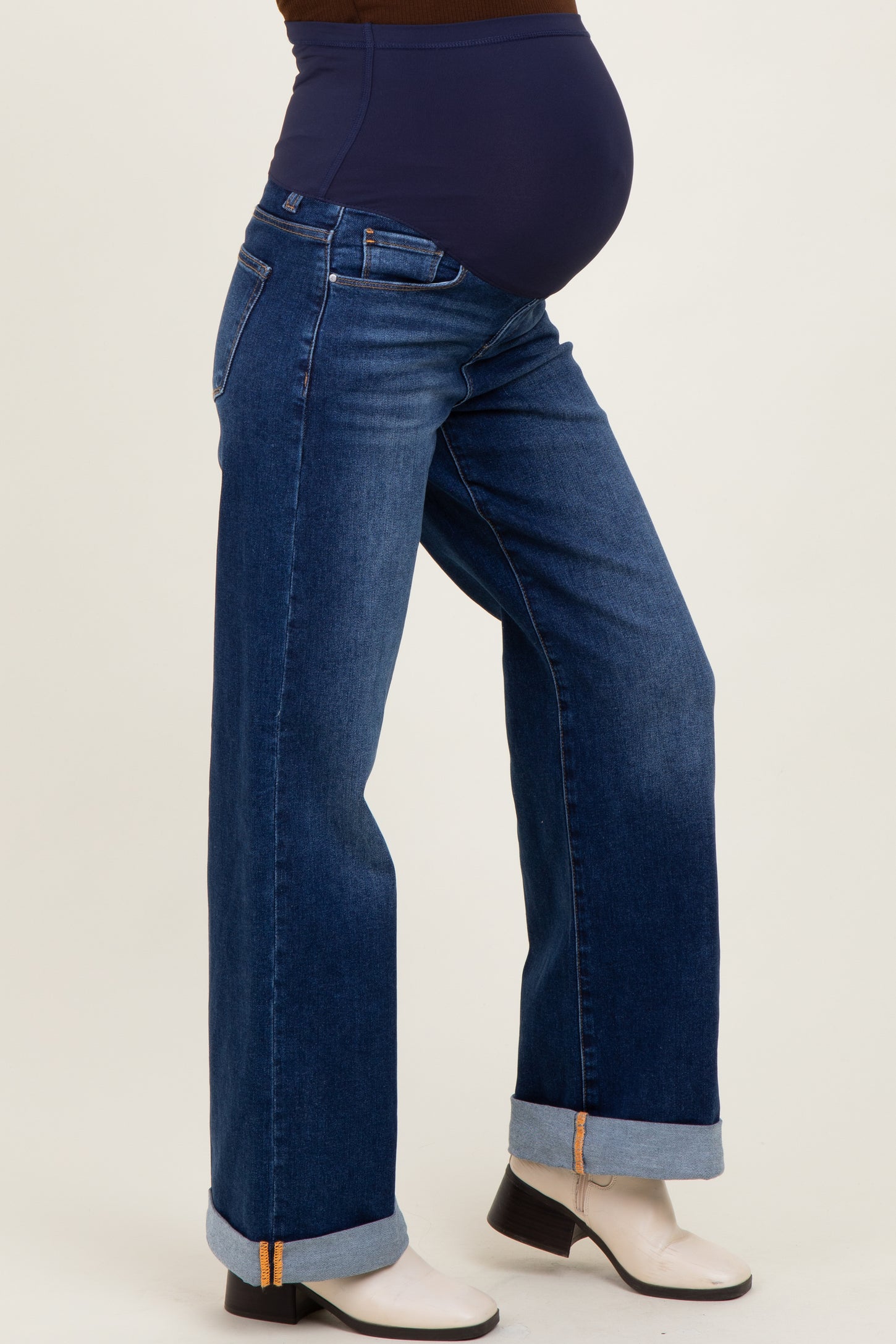 Dark High Rise Wide Leg Cuffed Maternity Jeans