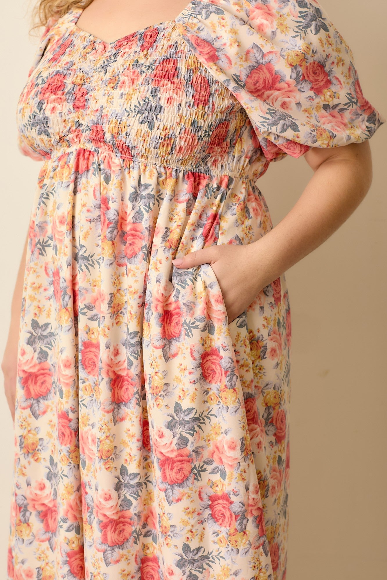 Ivory Multi Floral Print Smocked Ruched Bust Plus Midi Dress