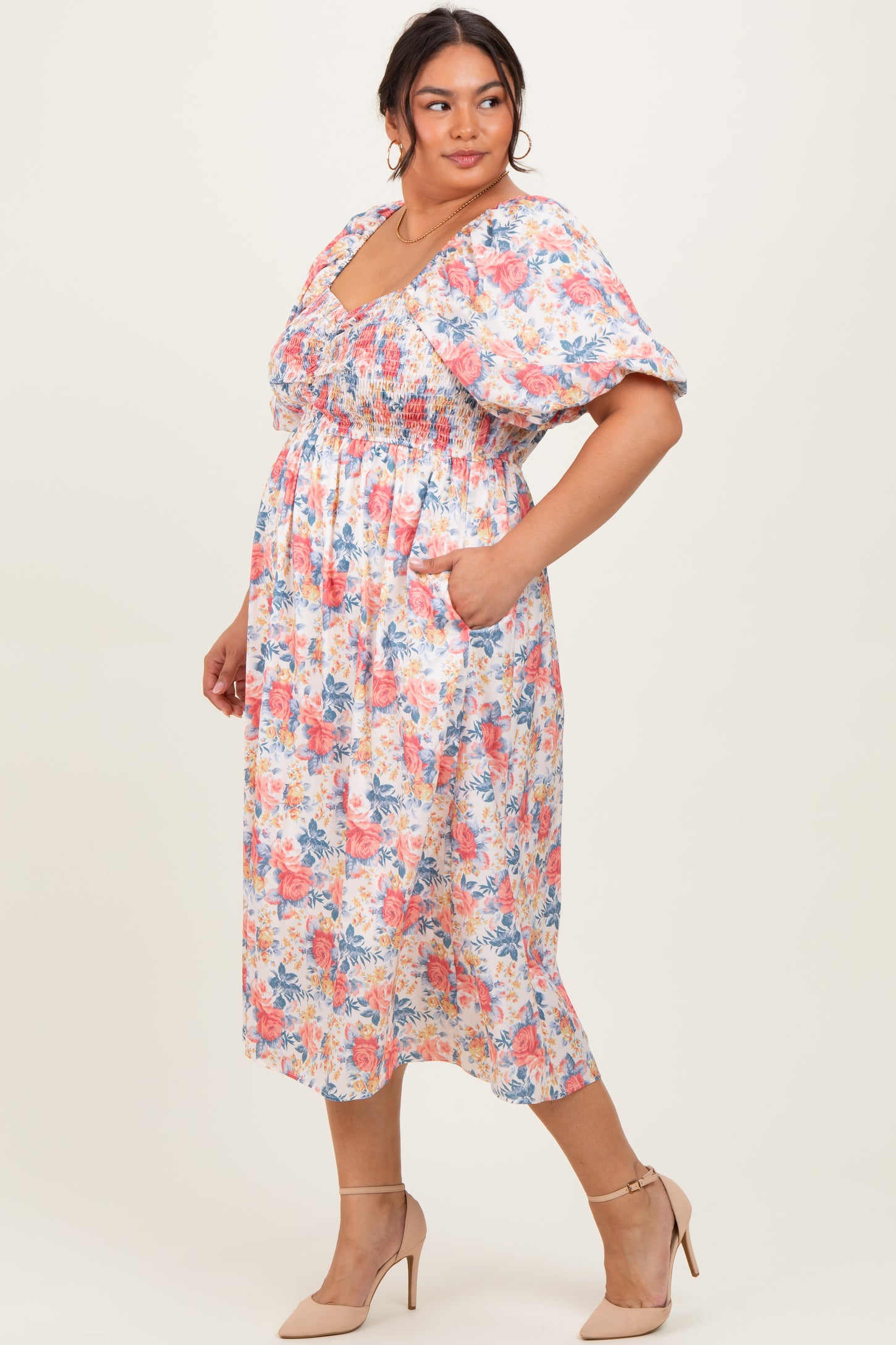 Ivory Multi Floral Print Smocked Ruched Bust Plus Midi Dress