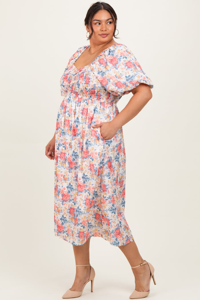 Ivory Multi Floral Print Smocked Ruched Bust Plus Midi Dress