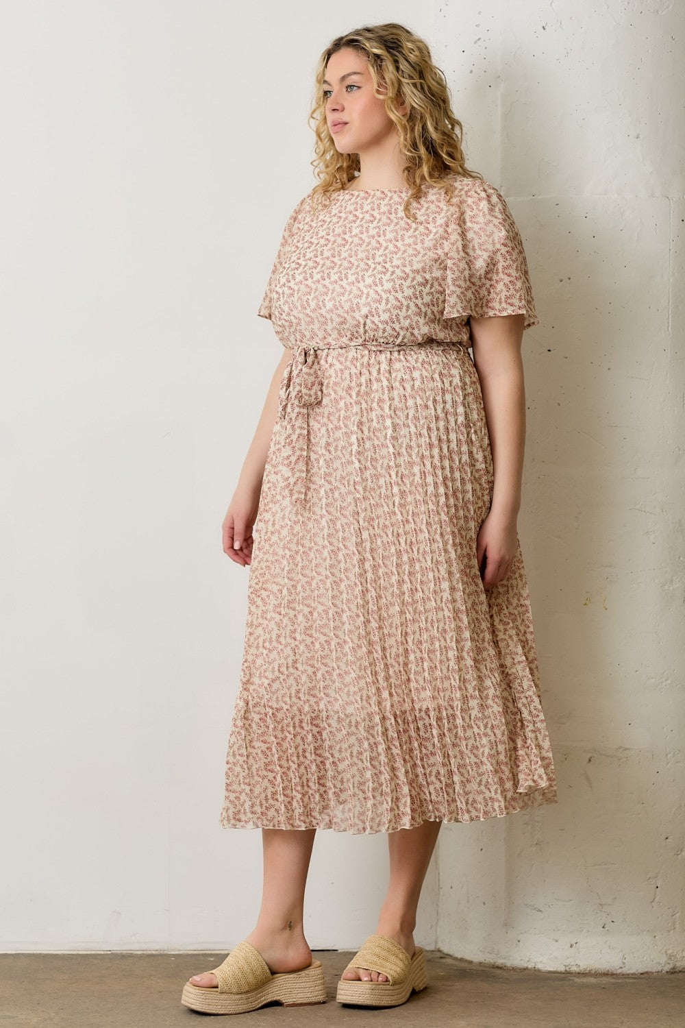 Cream Multi Printed Floral Waist Tie Plus Midi Dress