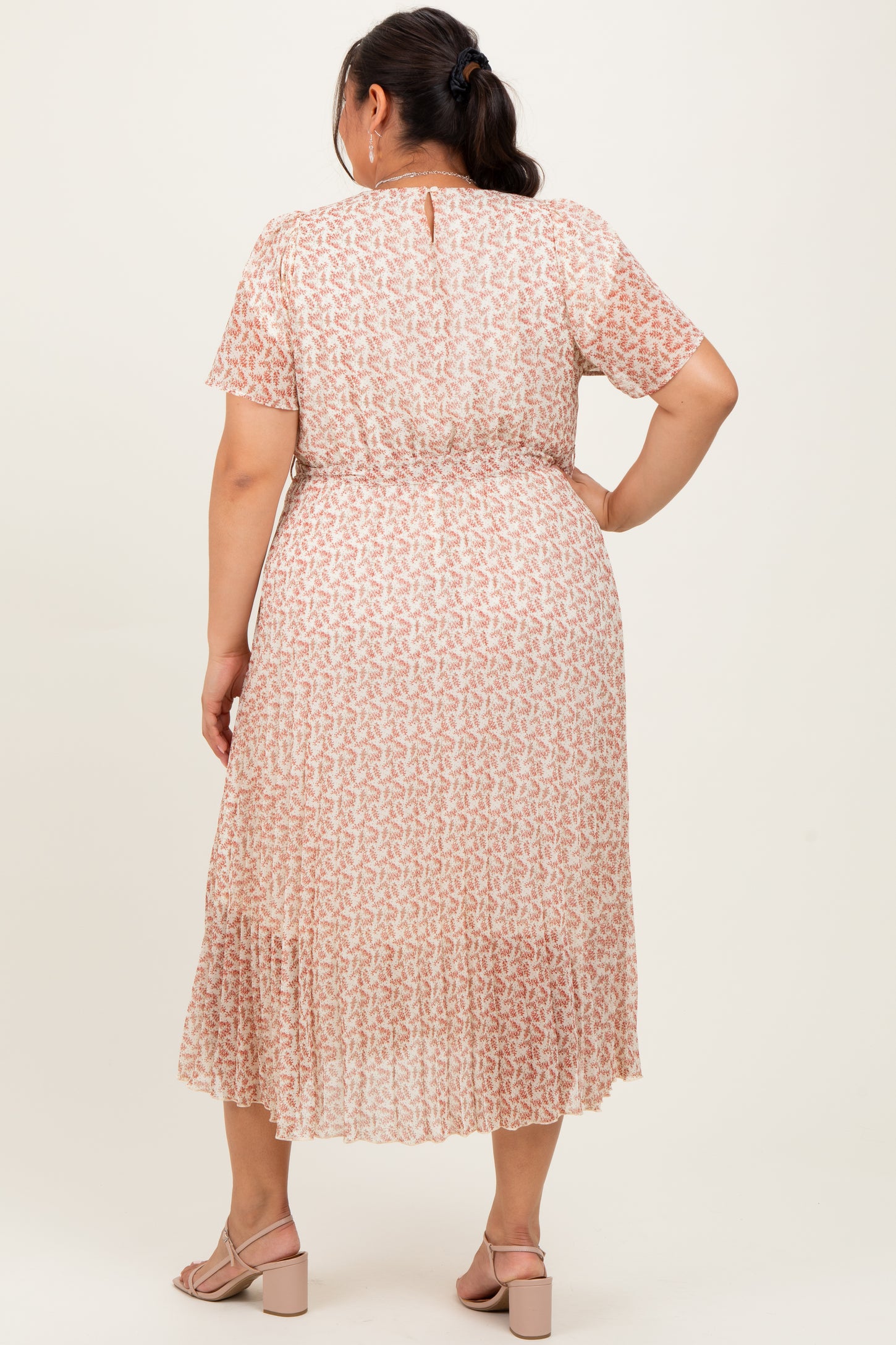 Cream Multi Printed Floral Waist Tie Plus Midi Dress