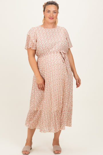 Cream Multi Printed Floral Waist Tie Plus Maternity Midi Dress
