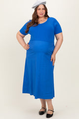 Blue Round Neck Ribbed Top Plus Maternity Midi Dress