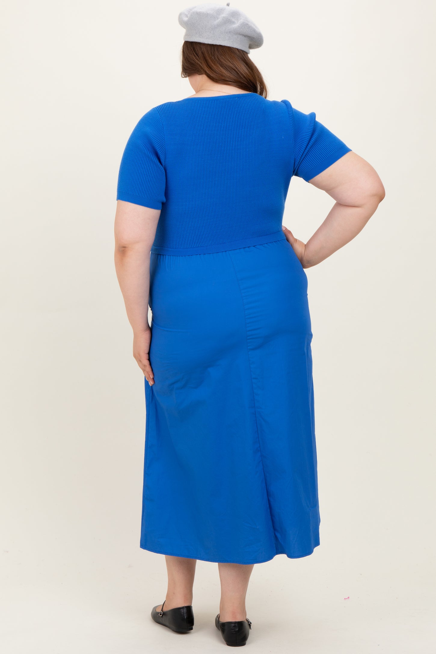 Blue Round Neck Ribbed Top Plus Maternity Midi Dress