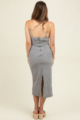 Black Textured Plaid Drawstring Neck Maternity Midi Dress