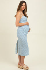 Blue Textured Plaid Drawstring Neck Maternity Midi Dress