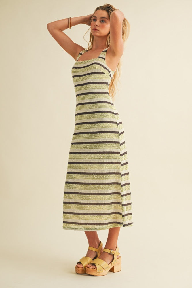 Lime Multi Square Neck Striped Sleeveless Dress