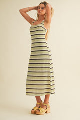 Lime Multi Square Neck Striped Sleeveless Dress