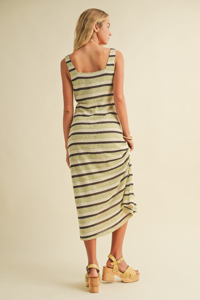 Lime Multi Square Neck Striped Sleeveless Dress