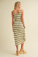 Lime Multi Square Neck Striped Sleeveless Dress