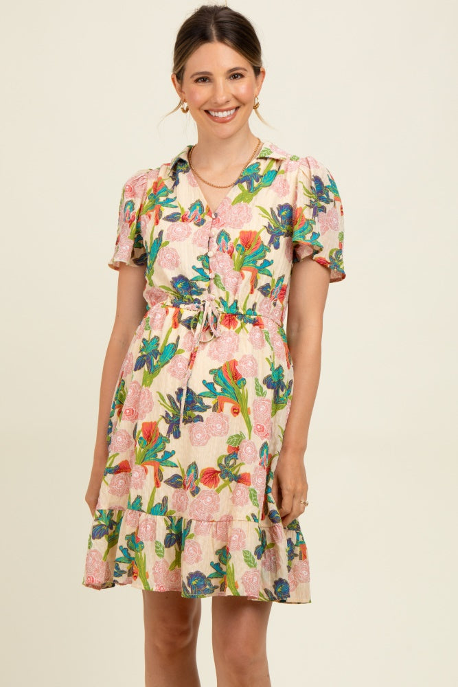 Cream V-Neck Flutter Short Sleeve Maternity Mini Dress