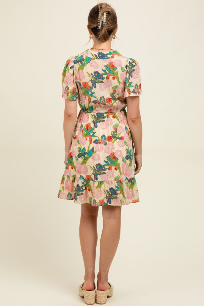 Cream V-Neck Flutter Short Sleeve Maternity Mini Dress