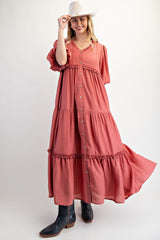 Cinnamon Puff Short Sleeve Crepe Tiered Maternity Maxi Dress