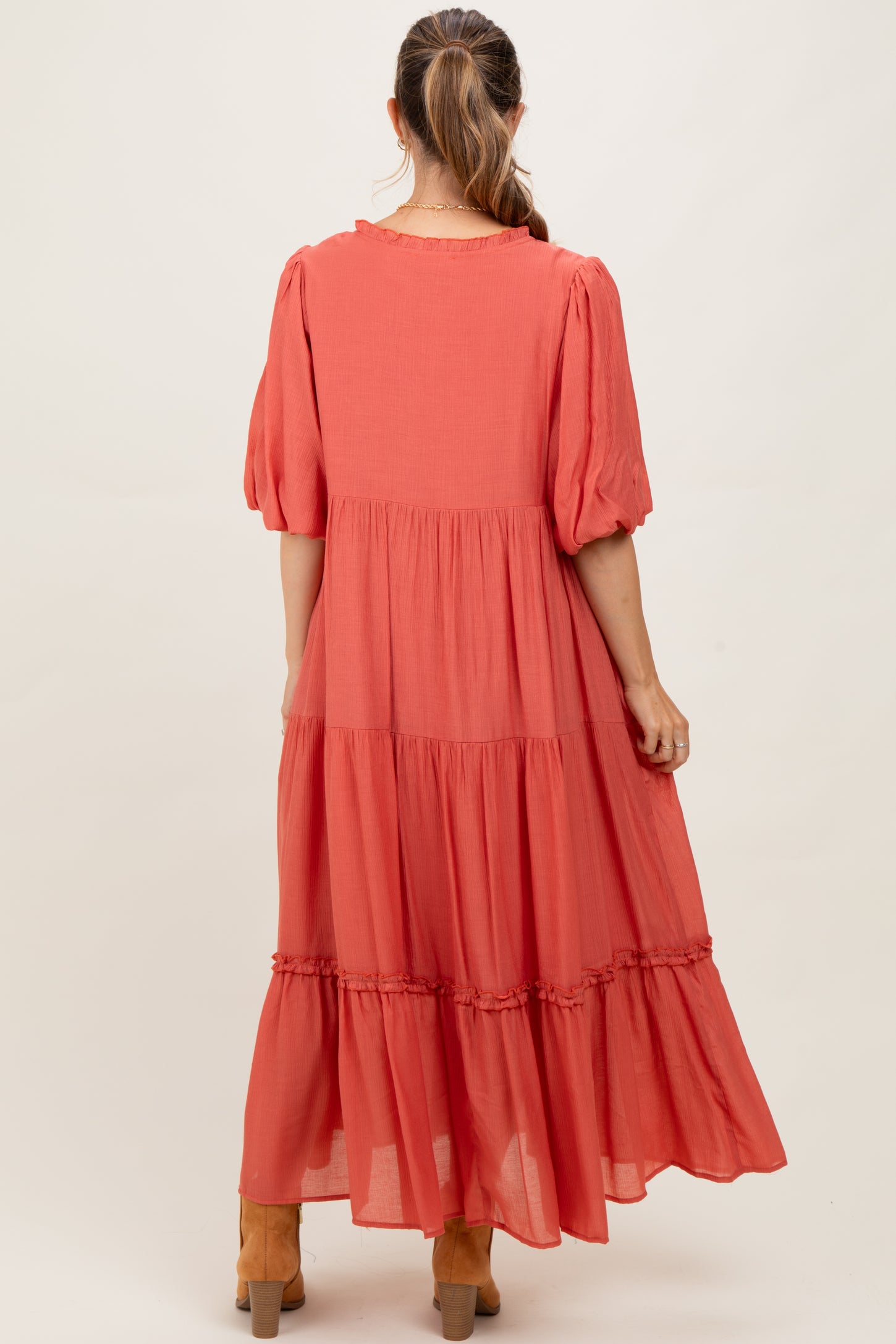 Cinnamon Puff Short Sleeve Crepe Tiered Maternity Maxi Dress