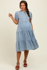 Light Blue Chambray Charm Tiered Maternity Midi Dress