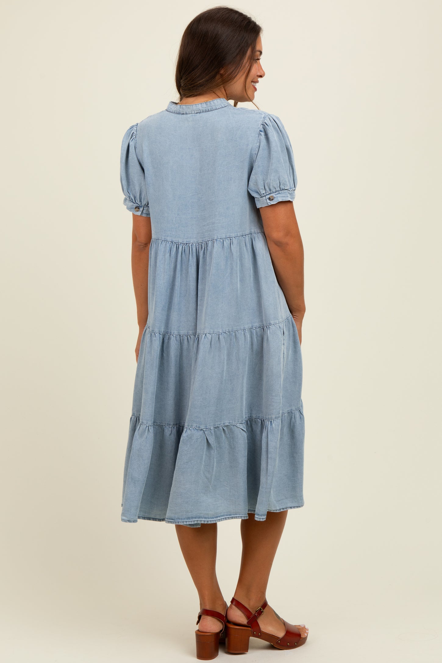 Light Blue Chambray Charm Tiered Maternity Midi Dress