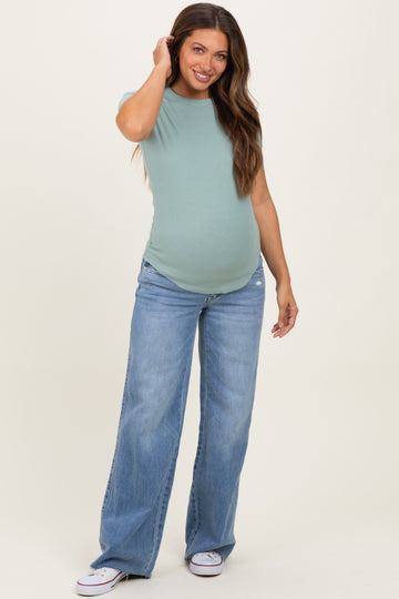 Medium Wash Mid Rise Clean Cut Raw Hem Wide Maternity Jeans