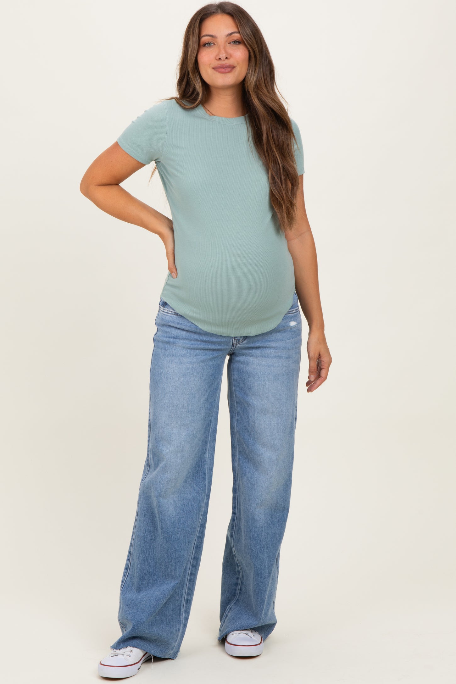 Medium Wash Mid Rise Clean Cut Raw Hem Wide Maternity Jeans