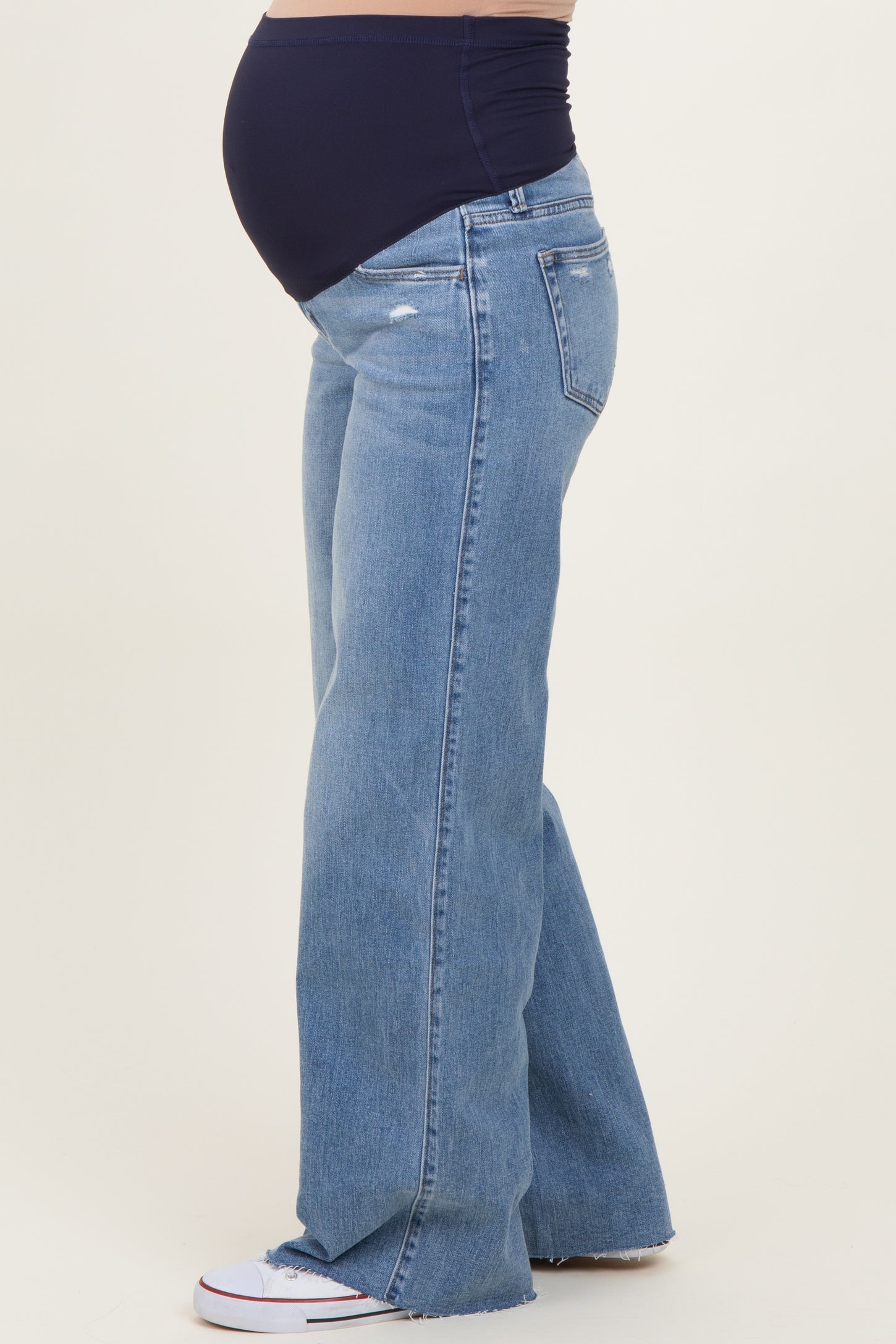 Medium Wash Mid Rise Clean Cut Raw Hem Wide Maternity Jeans
