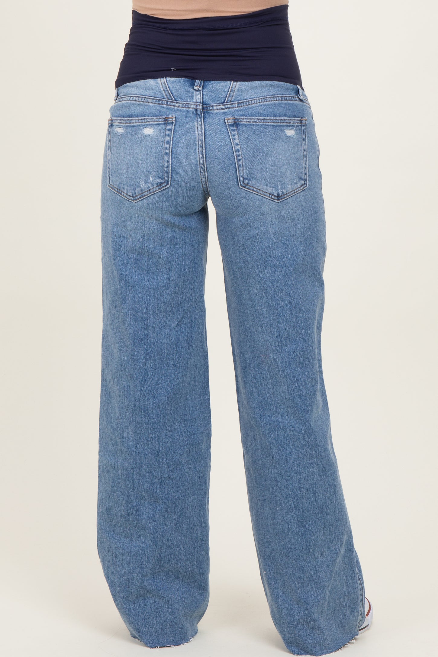 Medium Wash Mid Rise Clean Cut Raw Hem Wide Maternity Jeans