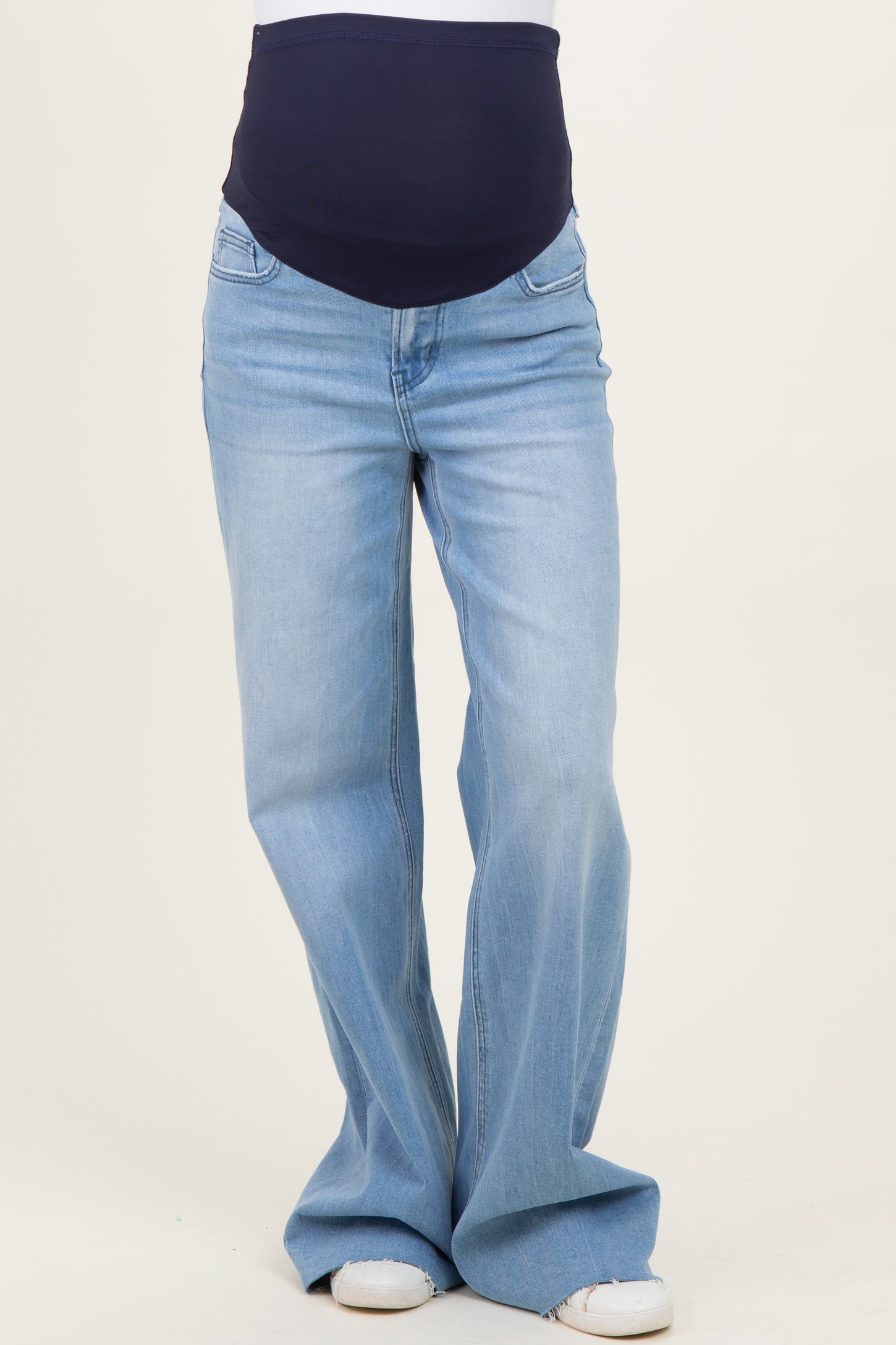 Light Wash Super High Rise Clean Cut Raw Hem Wide Leg Maternity Jeans