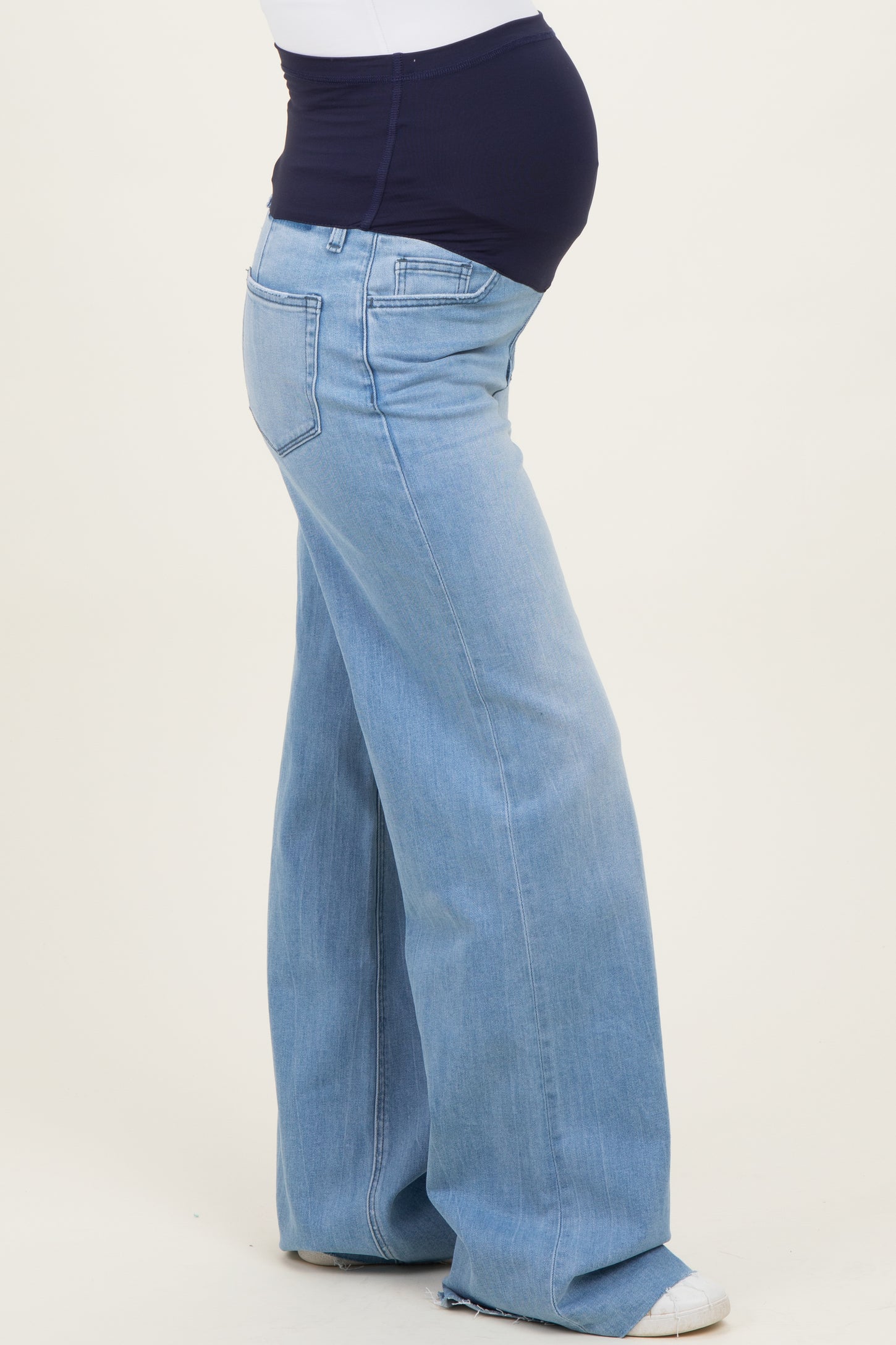 Light Wash Super High Rise Clean Cut Raw Hem Wide Leg Maternity Jeans