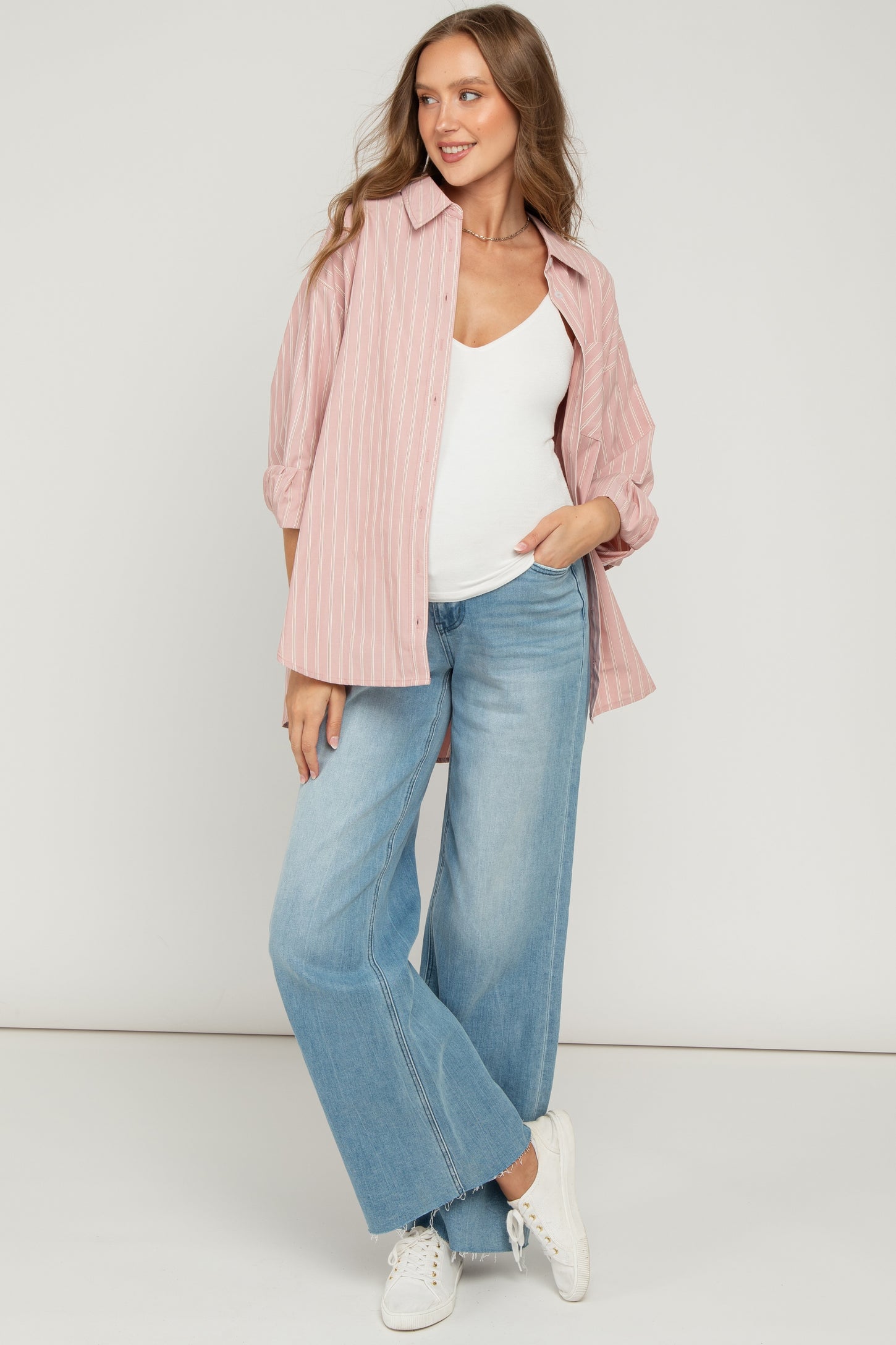 Light Wash Super High Rise Clean Cut Raw Hem Wide Leg Maternity Jeans