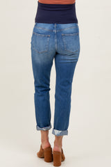 Blue High Rise Distressed Cuffed Boyfriend Maternity Jeans
