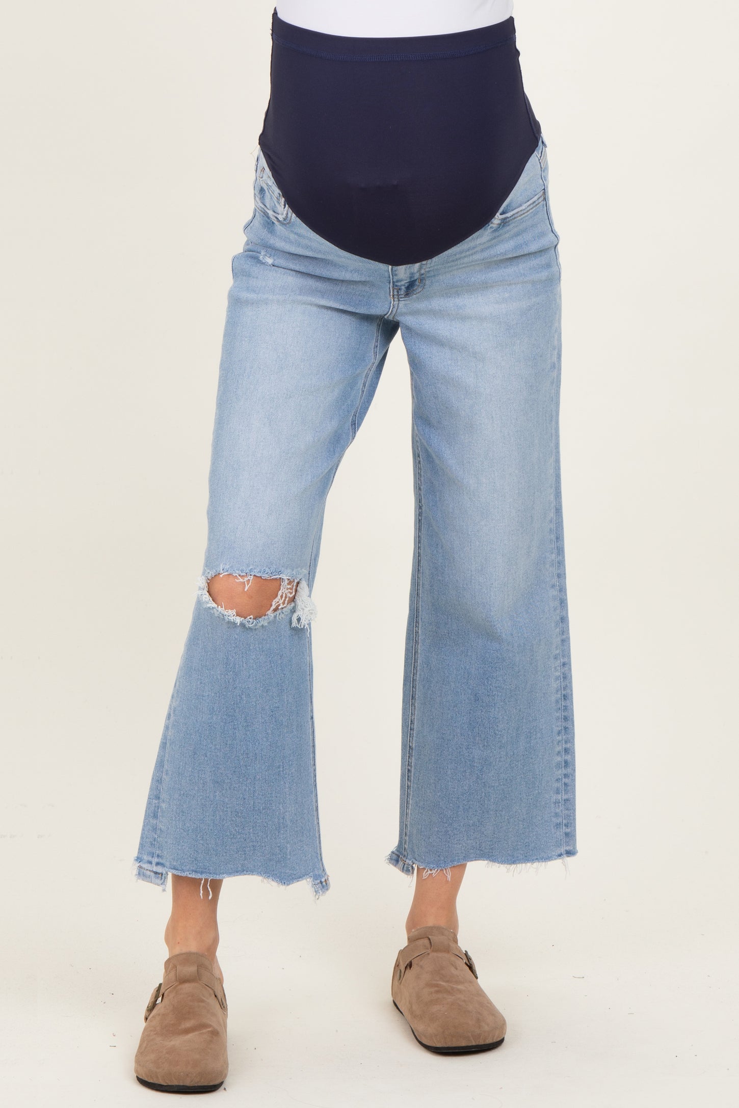Blue High Rise Uneven Raw Hem Crop Wide Maternity Jeans