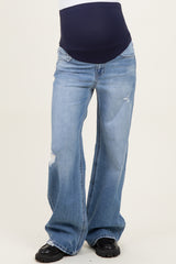 Blue High Rise Distressed Wide Leg Maternity Jeans