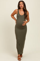 Olive Scoop Neck Sleeveless Rayon Rib Maternity Maxi Knit Dress