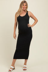 Charcoal Scoop Neck Sleeveless Rayon Rib Maternity Maxi Knit Dress