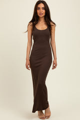 Brown Scoop Neck Sleeveless Rayon Rib Maxi Knit Dress