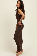 Brown Scoop Neck Sleeveless Rayon Rib Maxi Knit Dress