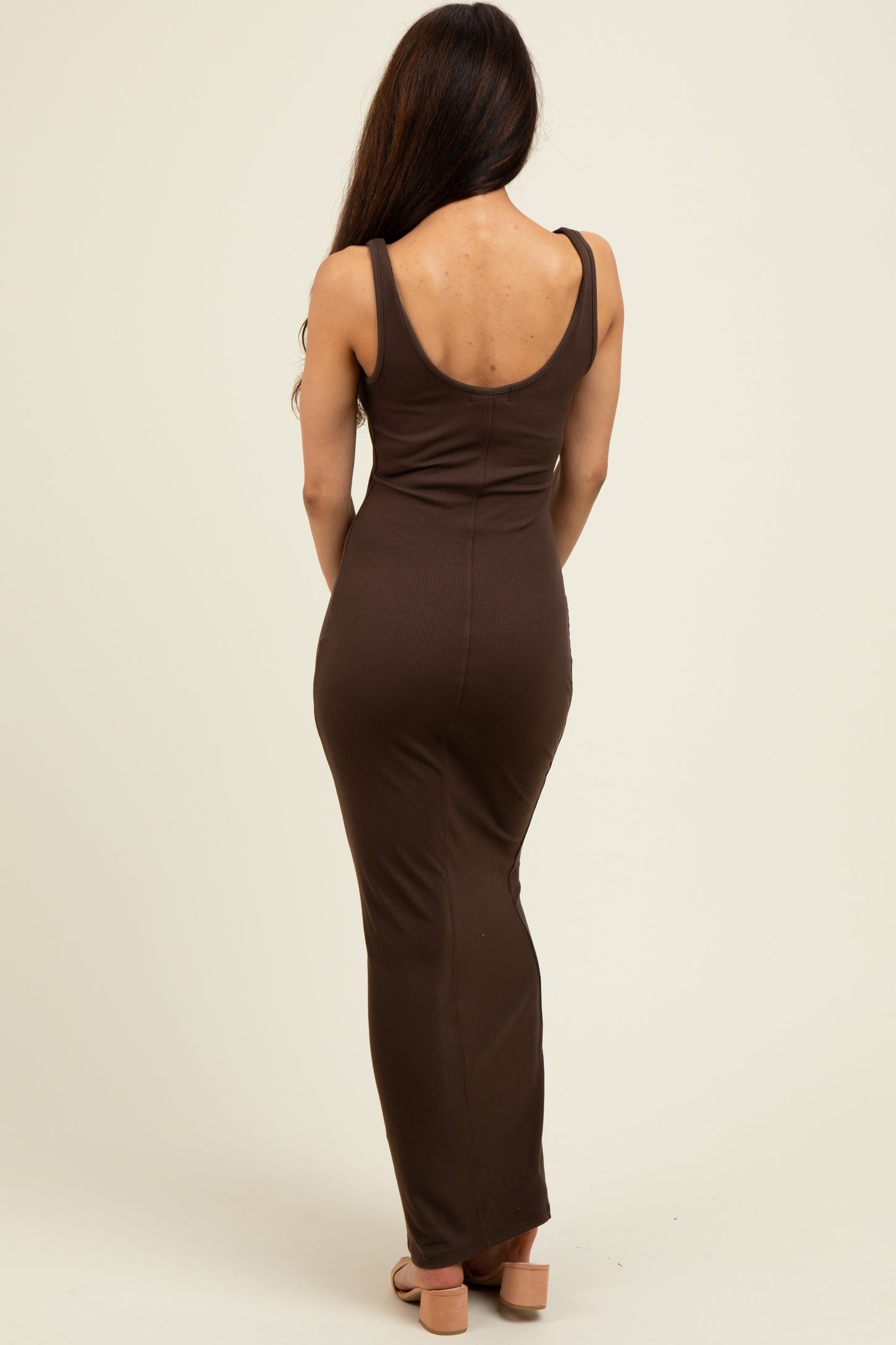 Brown Scoop Neck Sleeveless Rayon Rib Maxi Knit Dress