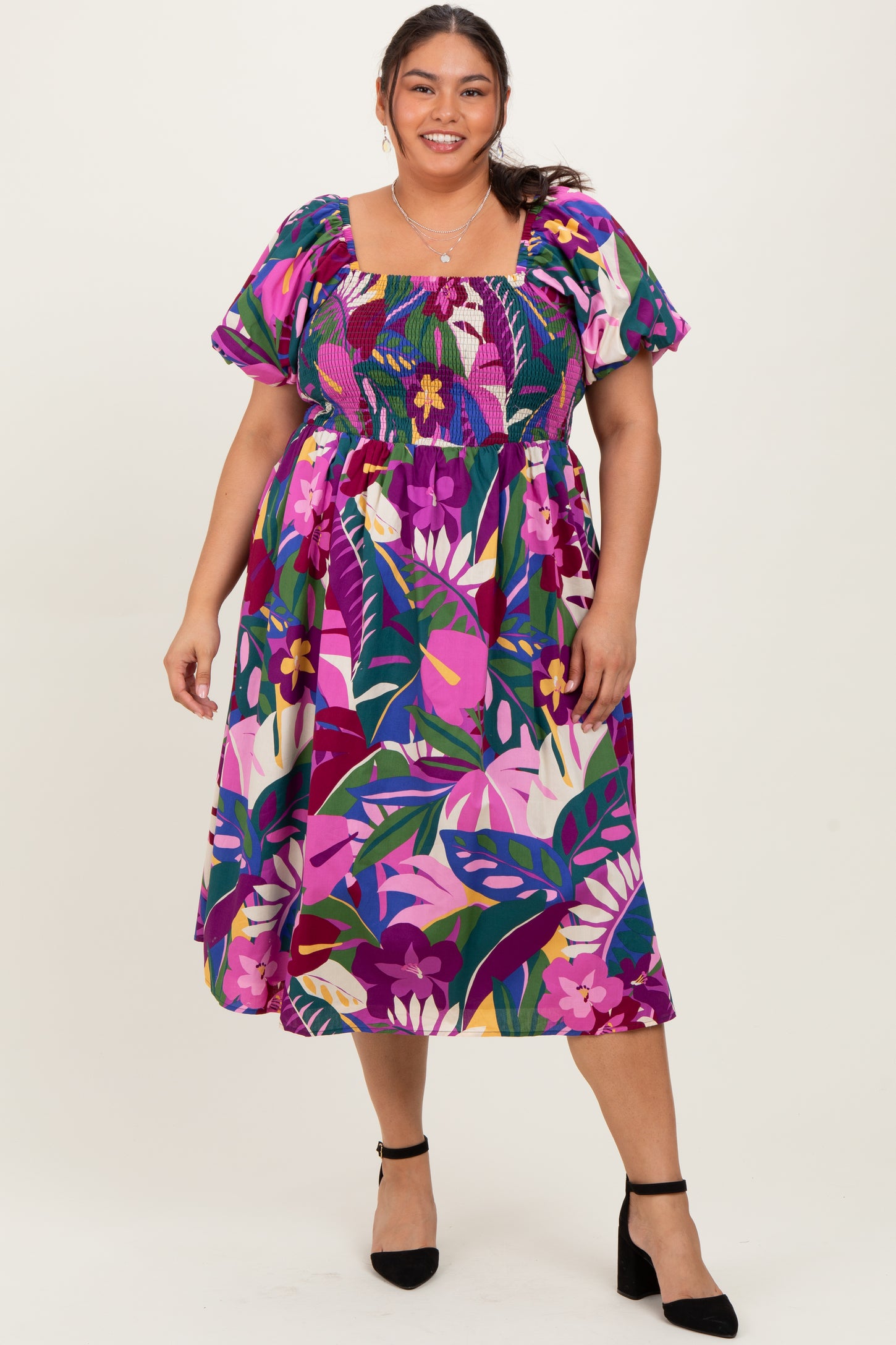 Purple Smocked Tropical Floral Plus Midi Dress