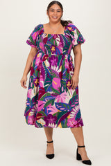 Purple Smocked Tropical Floral Maternity Plus Midi Dress